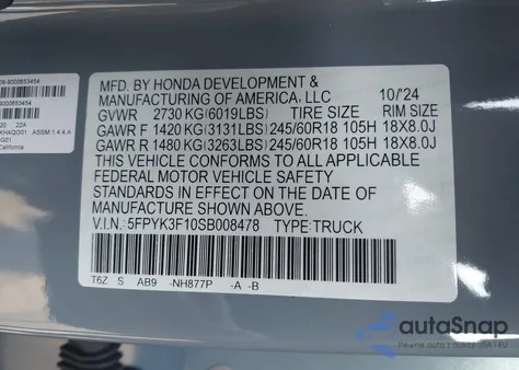 2025 Honda Ridgeline Sport из США, поврежденный, VIN 5FPYK3F10SB008478